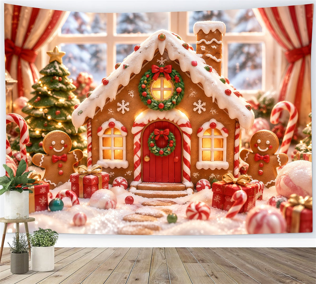 Gingerbread House Photo Backdrop Snow Candy Wonderland Christmas Photo Booth Backdrop UK RR610-142