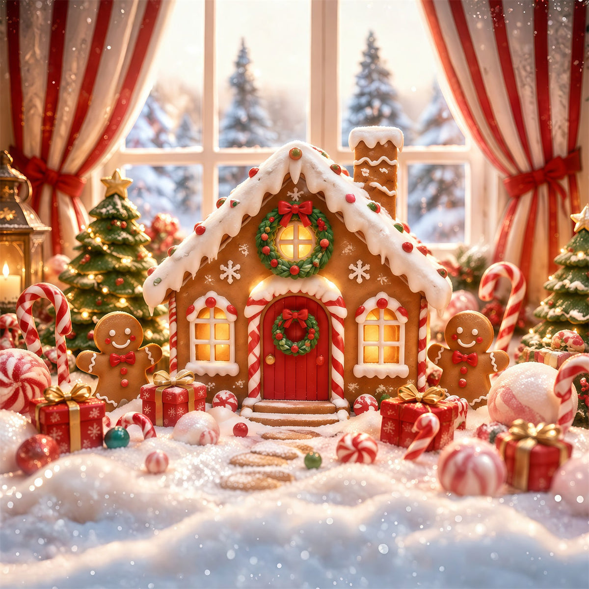 Gingerbread House Photo Backdrop Snow Candy Wonderland Christmas Photo Booth Backdrop UK RR610-142