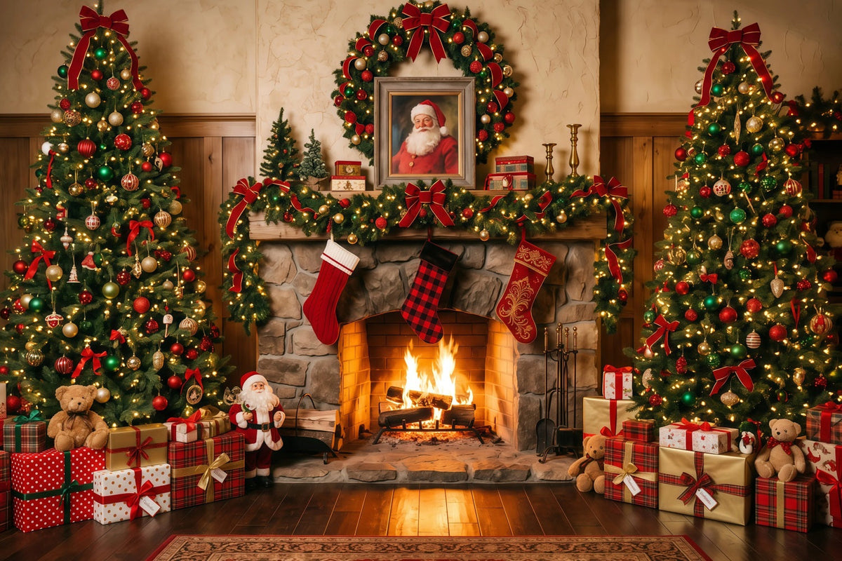 Santa Photo Backdrop Rustic Fireplace Stocking Display Christmas Village Backdrop Ideas UK RR610-144