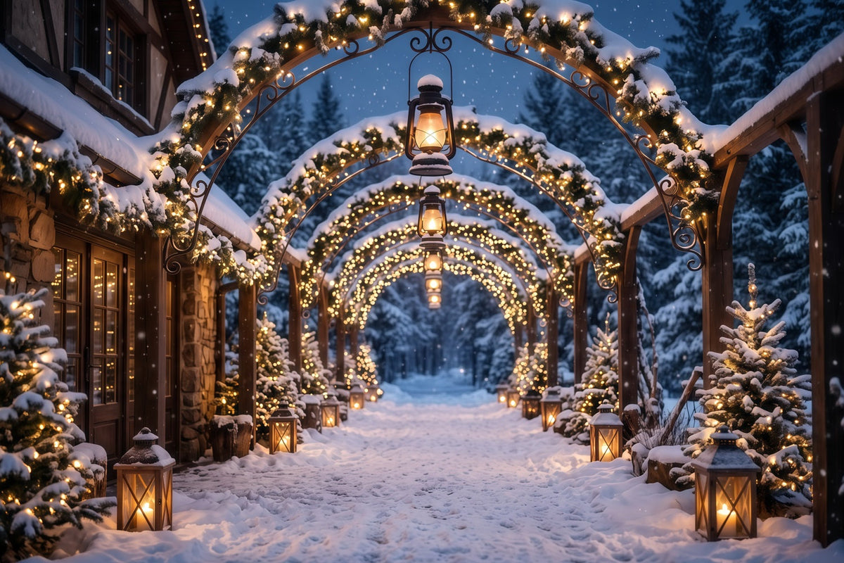 Christmas Arch Backdrop Glowing Lantern Snowy Archway Xmas Photo Backdrops UK RR610-145