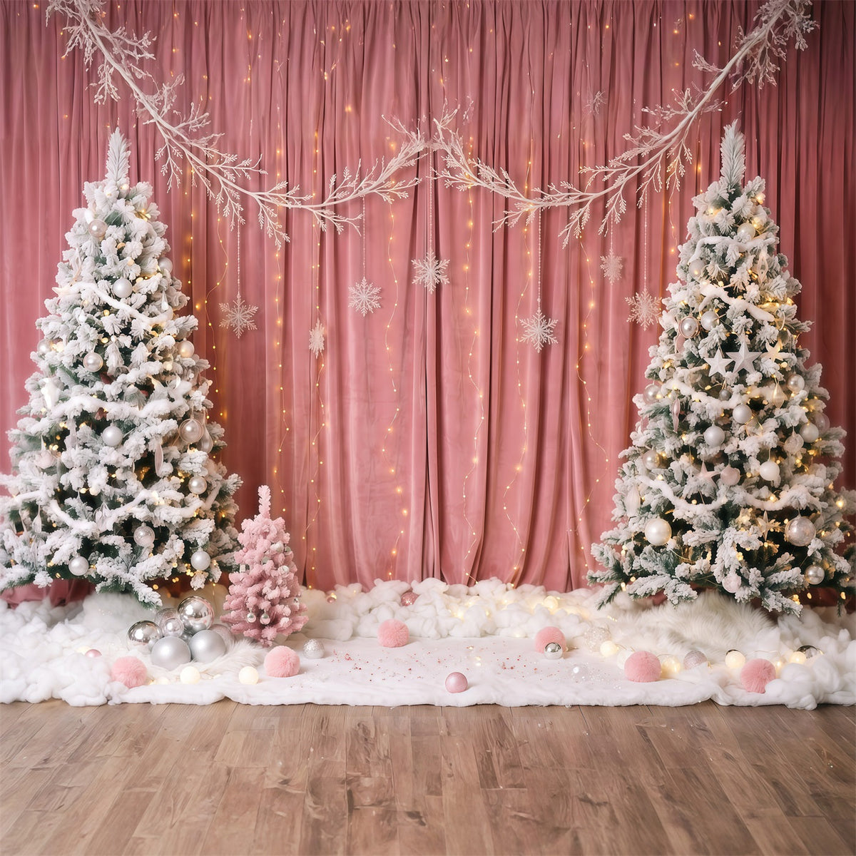 Winter Christmas Backdrop Pink Curtain Snowy Tree Christmas Theme Backdrops UK RR610-147