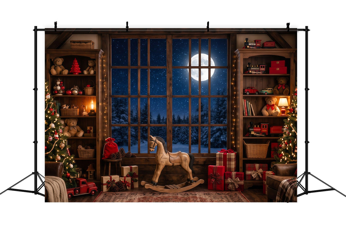 Santa Workshop Backdrop Moonlit Toyroom Window Display Xmas Backdrops Photography UK RR610-148