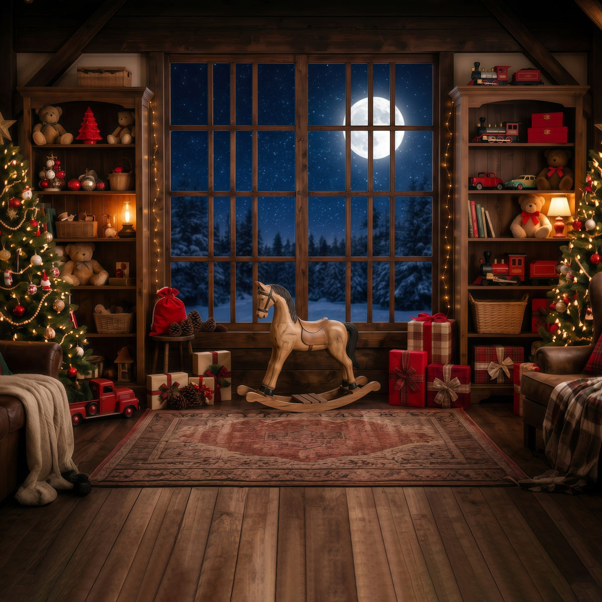 Santa Workshop Backdrop Moonlit Toyroom Window Display Xmas Backdrops Photography UK RR610-148
