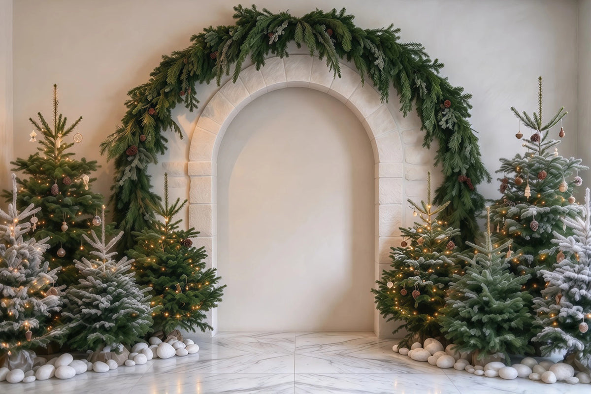 Photography Christmas Tree Backdrop Evergreen Garland Stone Arch Xmas Photo Backdrop UK RR610-151