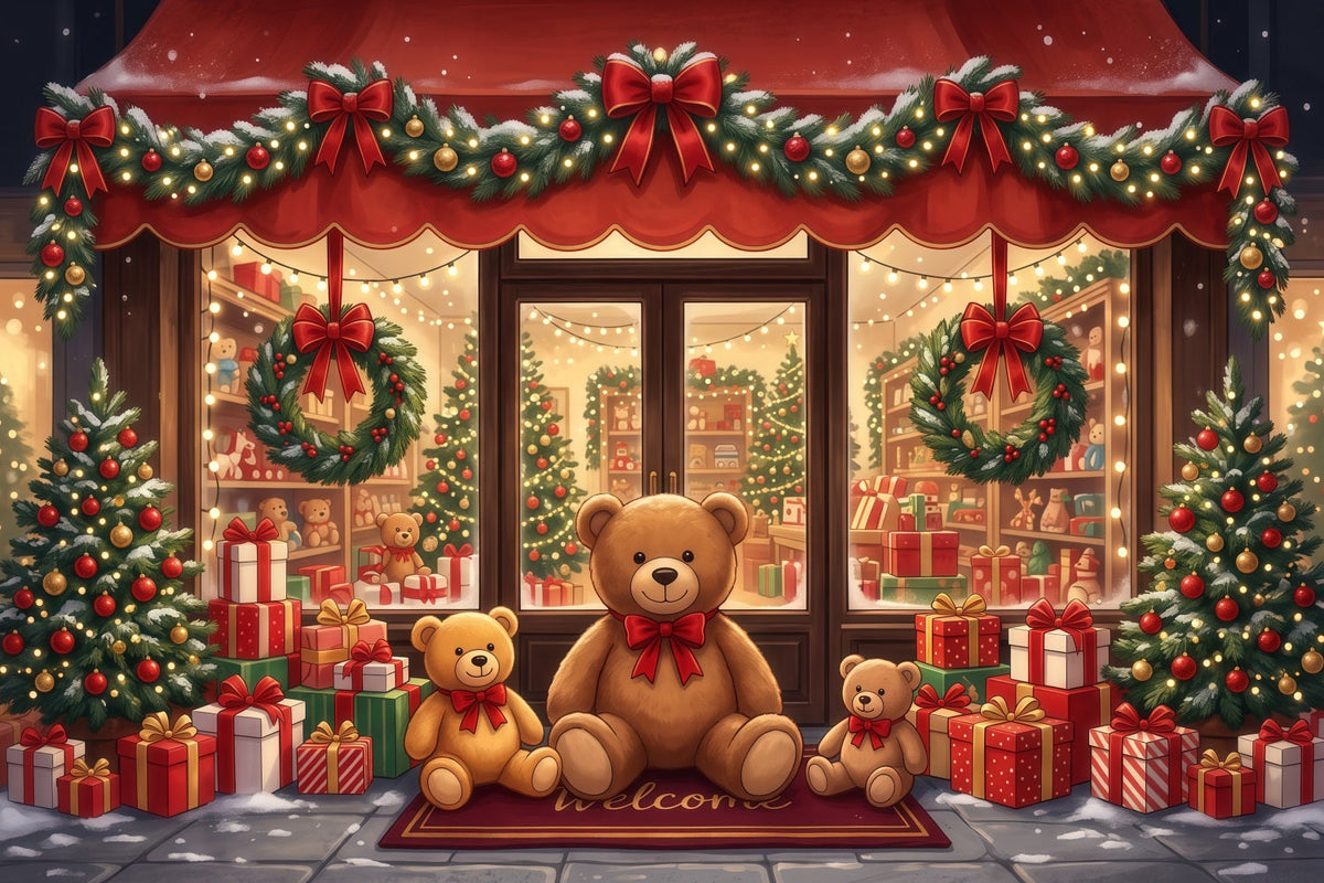 Christmas Store Backdrop Festive Teddy Bear Toyshop Christmas Party Backdrops UK RR610-152