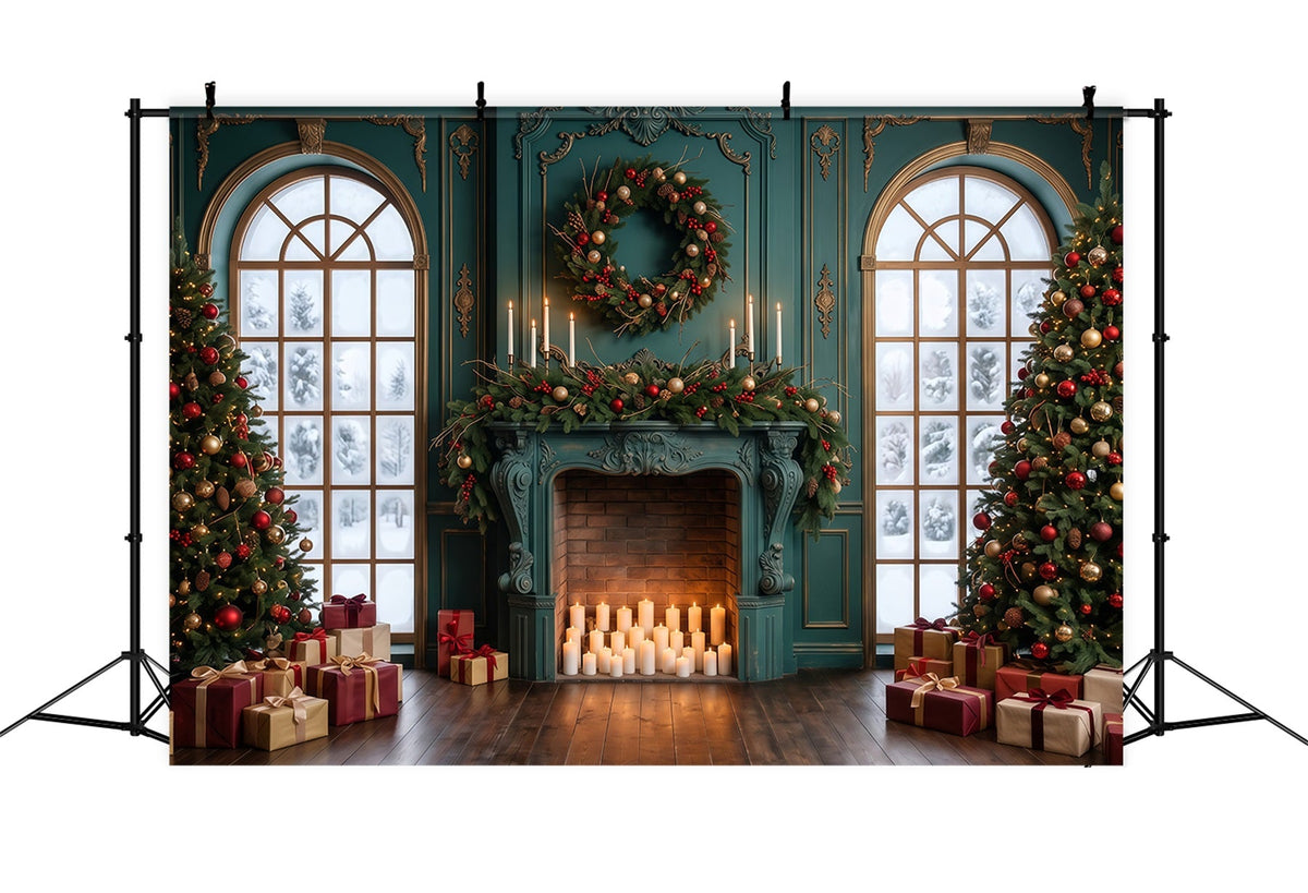 Living Room Christmas Backdrop Emerald Mantel Candlelight Christmas Card Backdrops UK RR610-154