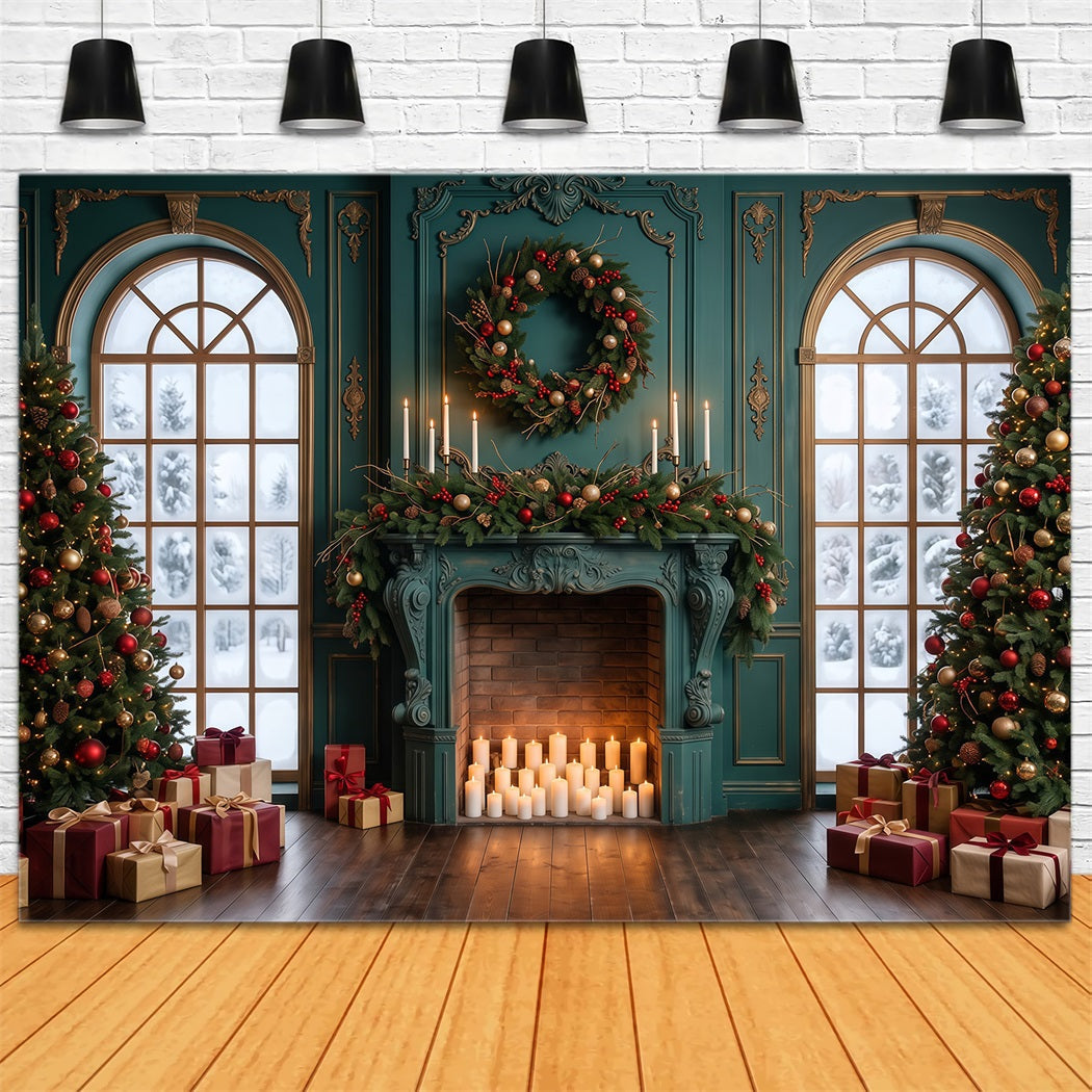 Living Room Christmas Backdrop Emerald Mantel Candlelight Christmas Card Backdrops UK RR610-154
