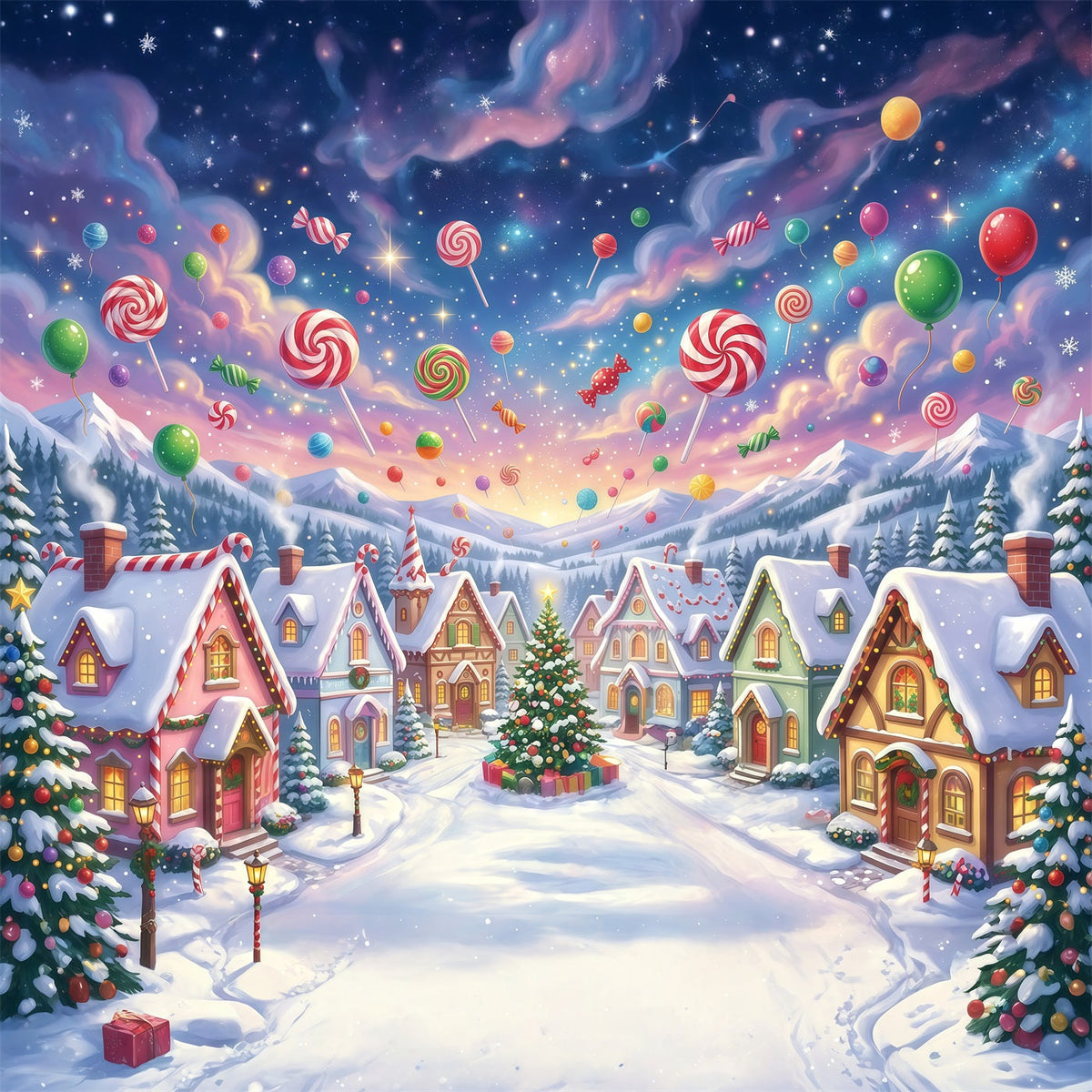 Candyland Christmas Backdrop Candy Lollipop Winter Village Photography Christmas Backdrop UK RR610-157