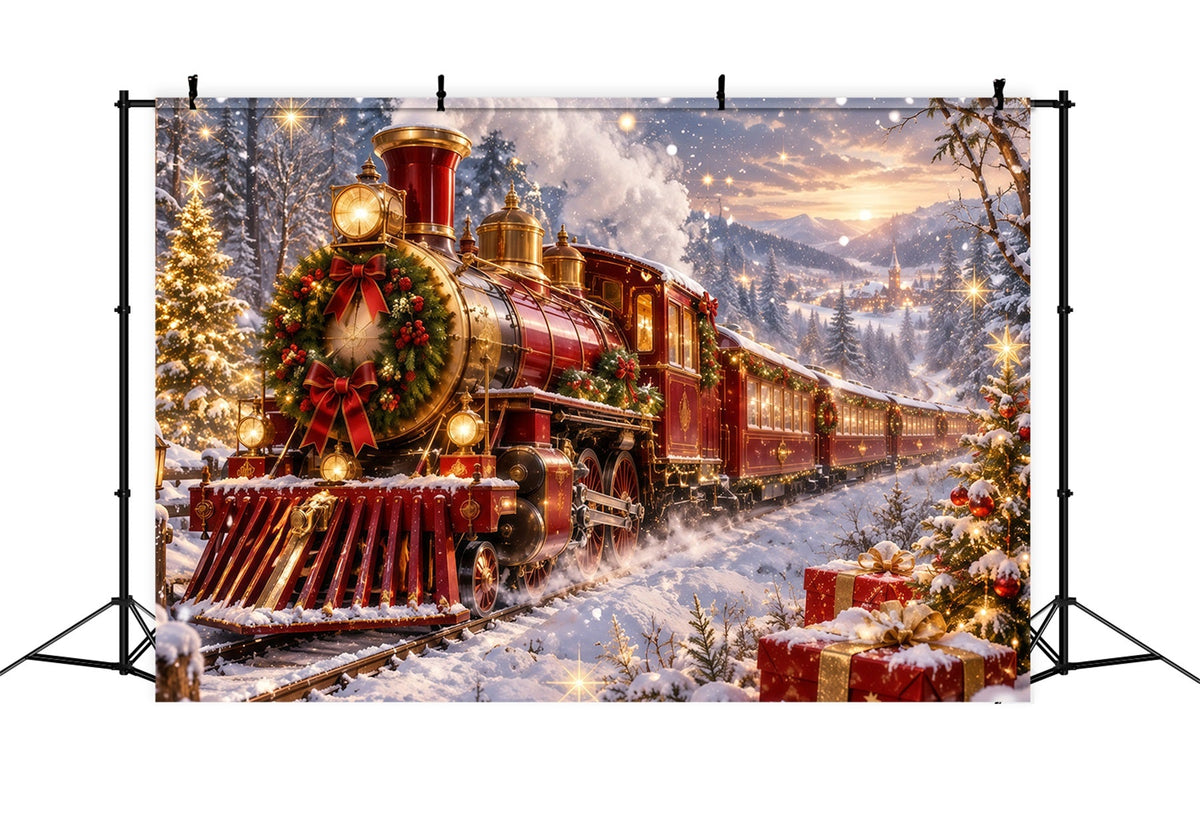 Professional Christmas Backdrop Festive Red Steam Train Christmas Village Backdrop UK RR610-158