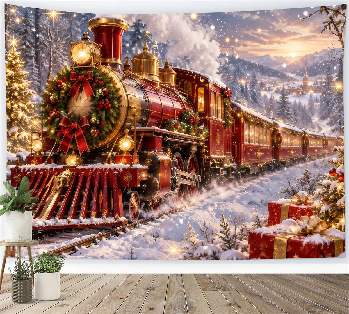 Professional Christmas Backdrop Festive Red Steam Train Christmas Village Backdrop UK RR610-158