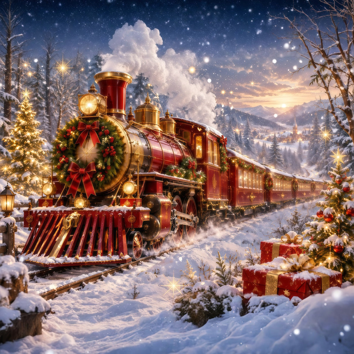 Professional Christmas Backdrop Festive Red Steam Train Christmas Village Backdrop UK RR610-158