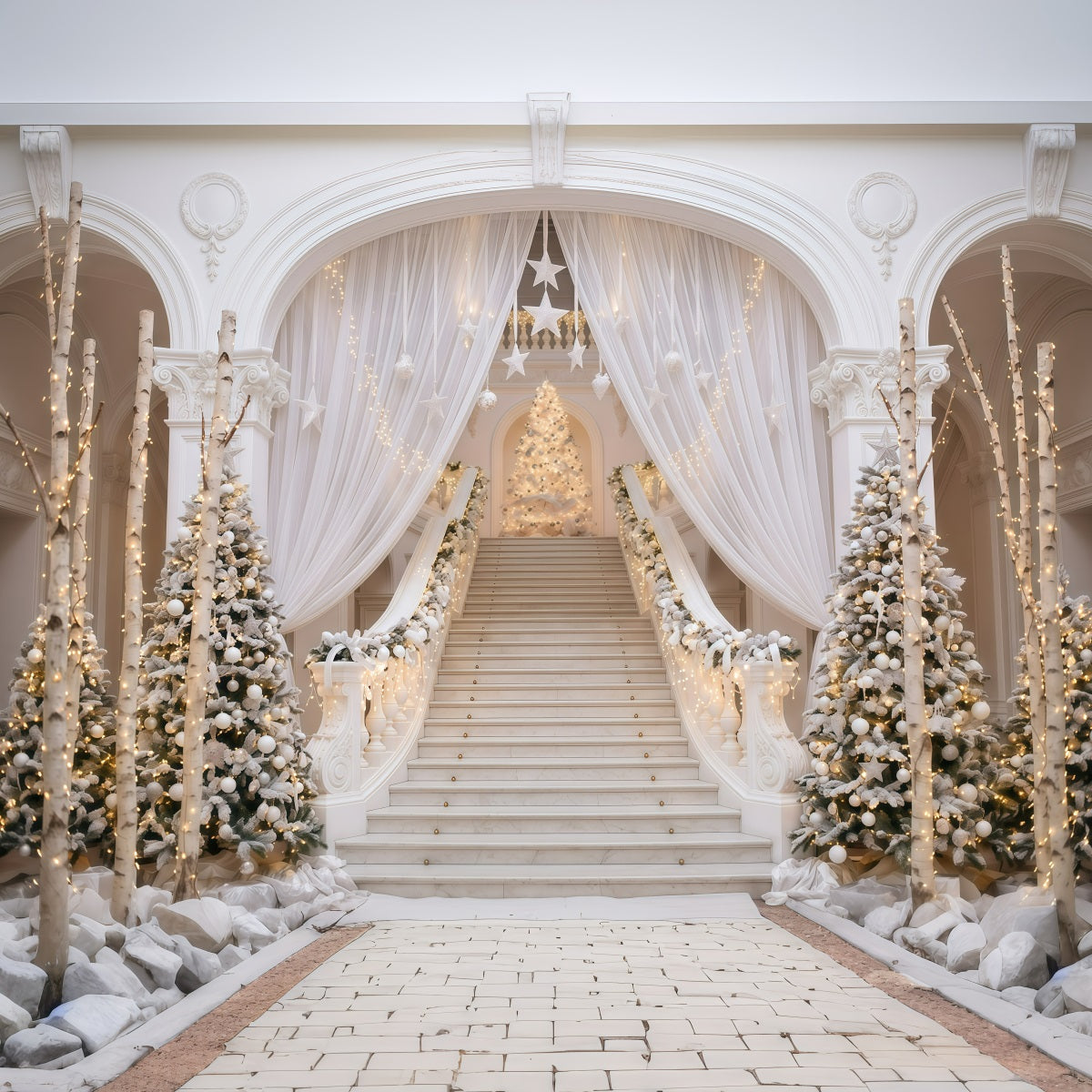 White Christmas Backdrop Elegant White Staircase Christmas Backdrops 10x10 UK RR610-16