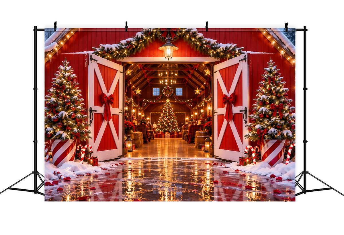 Christmas Tree Farm Backdrop Festive Red Barn Entrance Christmas Studio Backdrops UK RR610-163