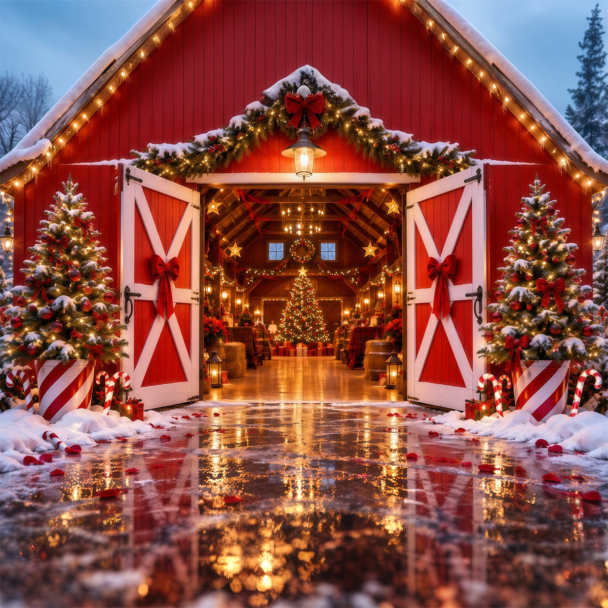 Christmas Tree Farm Backdrop Festive Red Barn Entrance Christmas Studio Backdrops UK RR610-163