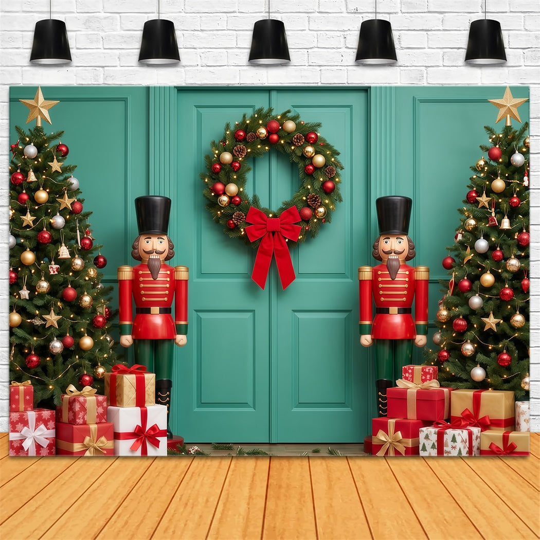 Christmas Backdrop Bow Wreath Teal Door Nutcracker Ballet Backdrop UK RR610-177