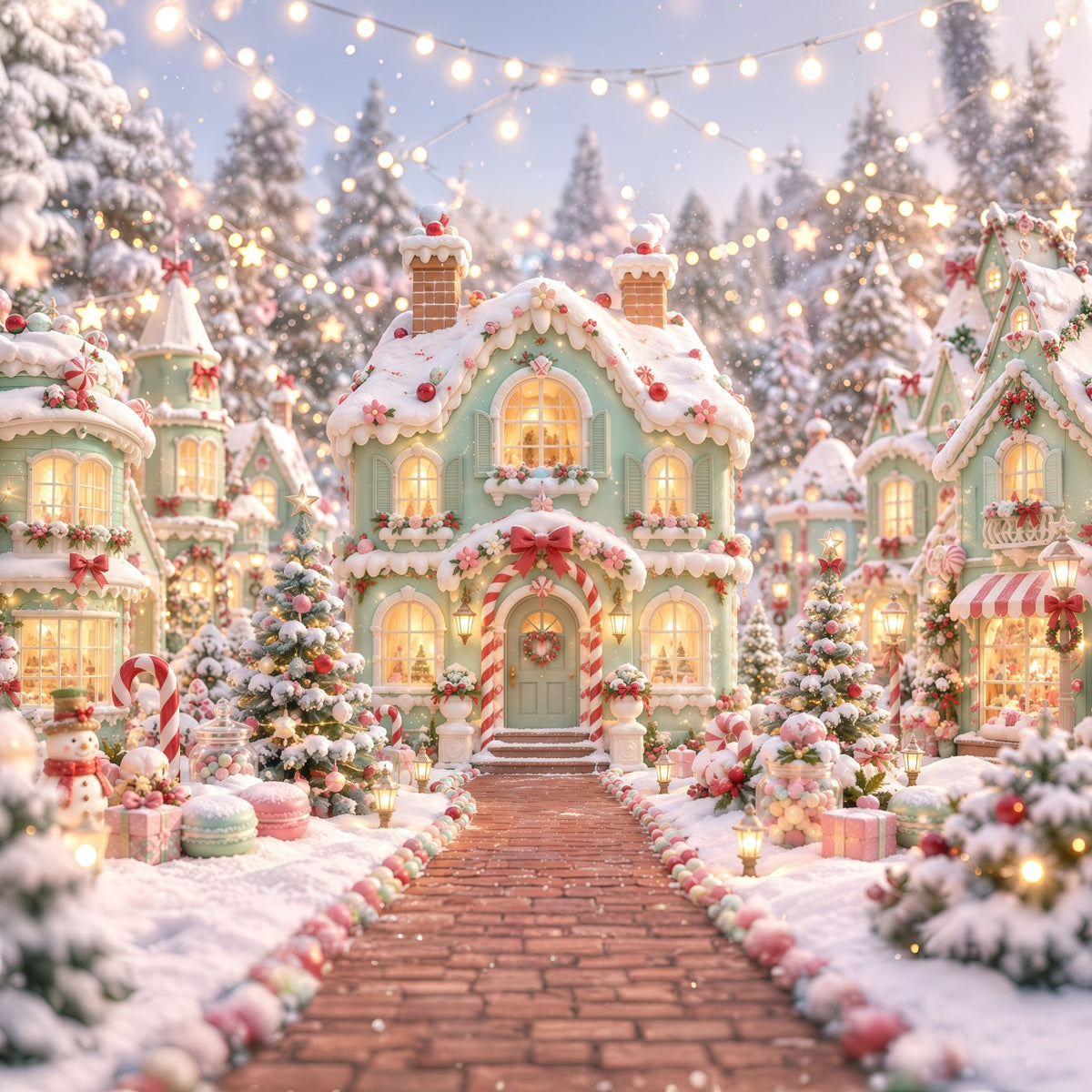Gingerbread House Photo Backdrop Pastel Candy Snowy Village Christmas Party Backdrop Ideas UK RR610-179