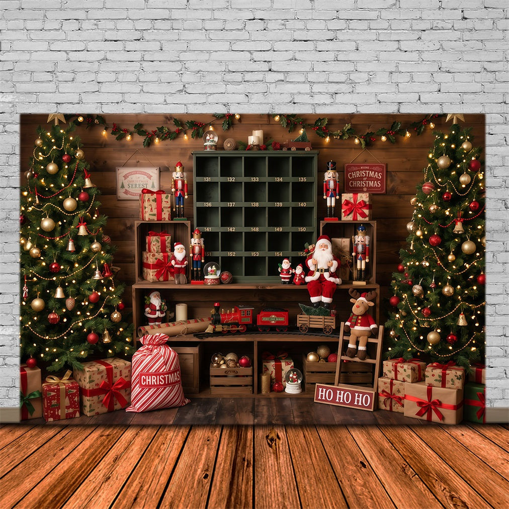 Pictures With Santa Backdrop Rustic Toy Room Display Backdrop Santas Workshop UK RR610-18