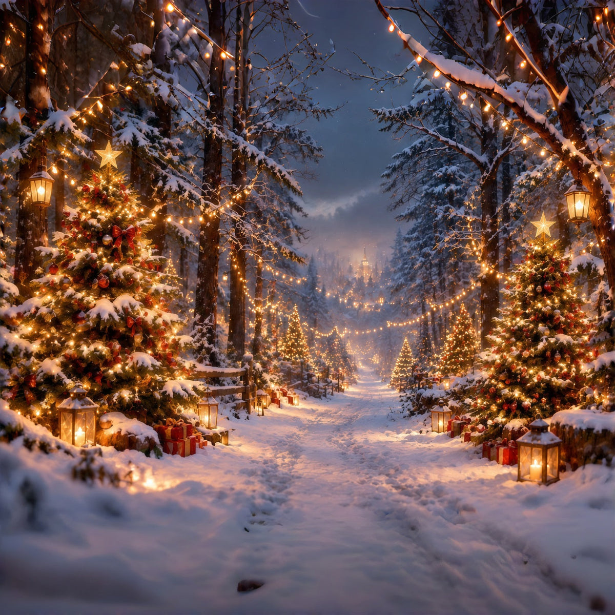 Christmas Tree Farm Photo Backdrop Snowy Glowing Forest Path Photography Backdrop Christmas UK RR610-181