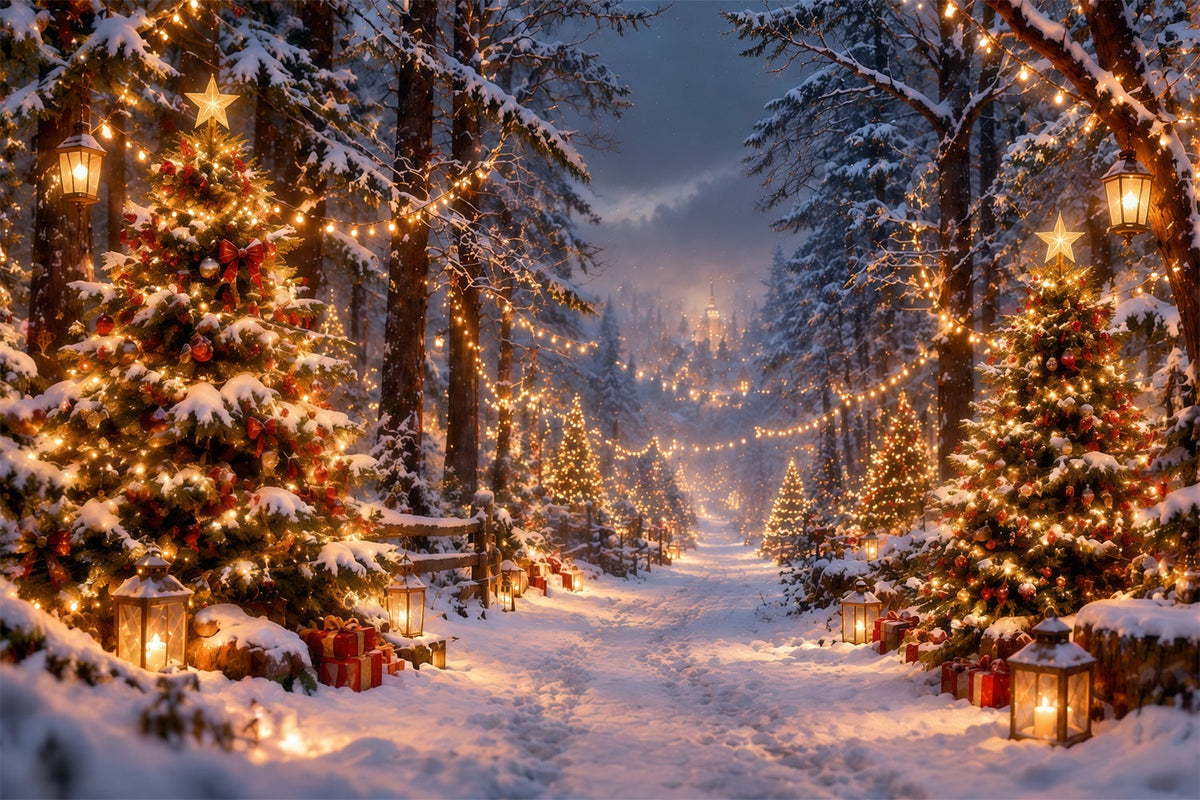 Christmas Tree Farm Photo Backdrop Snowy Glowing Forest Path Photography Backdrop Christmas UK RR610-181