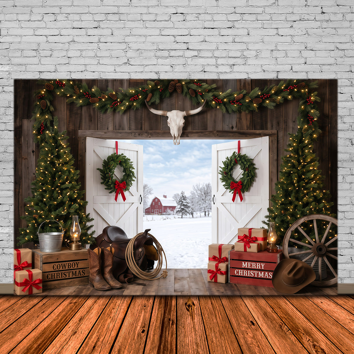 Background Christmas Backdrop Rustic Barn Entrance Cowboy Christmas Backdrop UK RR610-28
