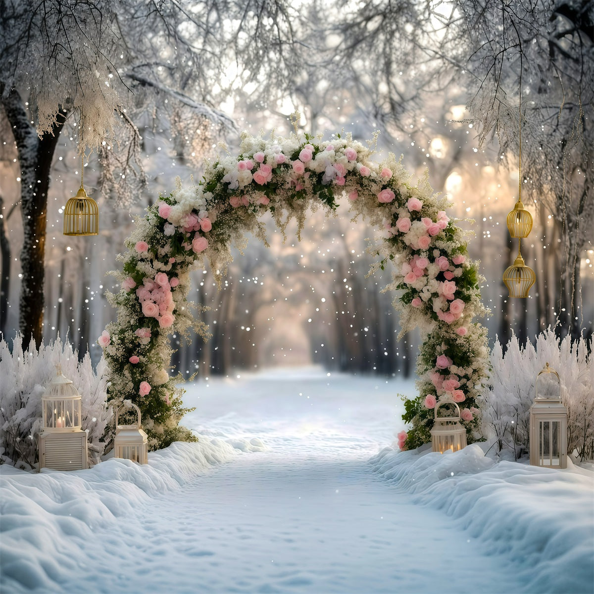 Beautiful Christmas Backdrop Pink Rose Snowy Arch 8x8 Christmas Backdrop UK RR610-30
