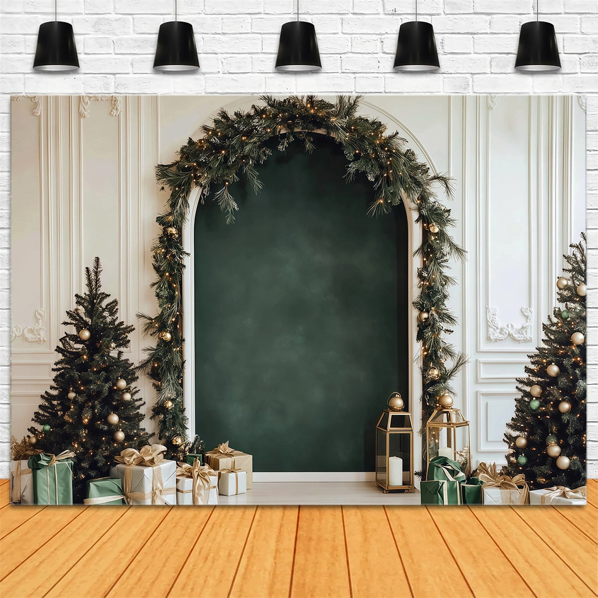 Best Christmas Backdrop Elegant Green Garland Arch Christmas Play Backdrop UK RR610-36