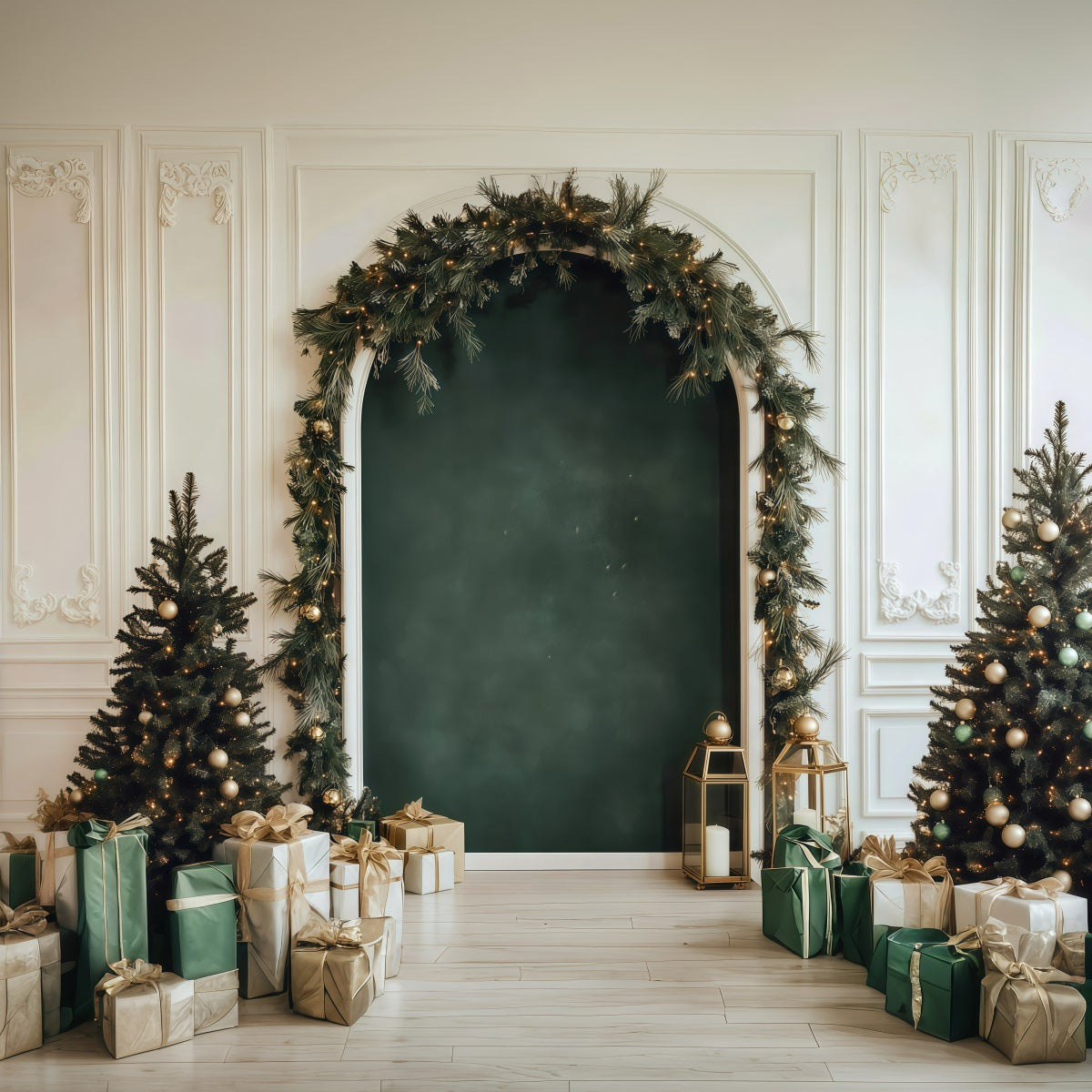 Best Christmas Backdrop Elegant Green Garland Arch Christmas Play Backdrop UK RR610-36