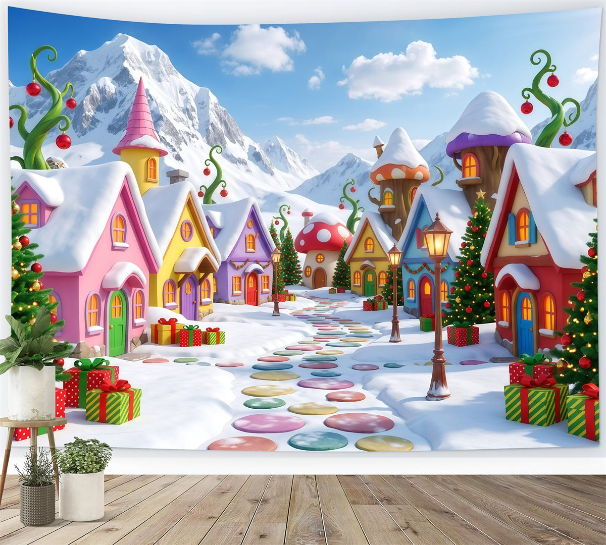 Mountain Backdrop For Christmas Village Snowy Candy House Xmas Backdrops Photography UK RR610-37