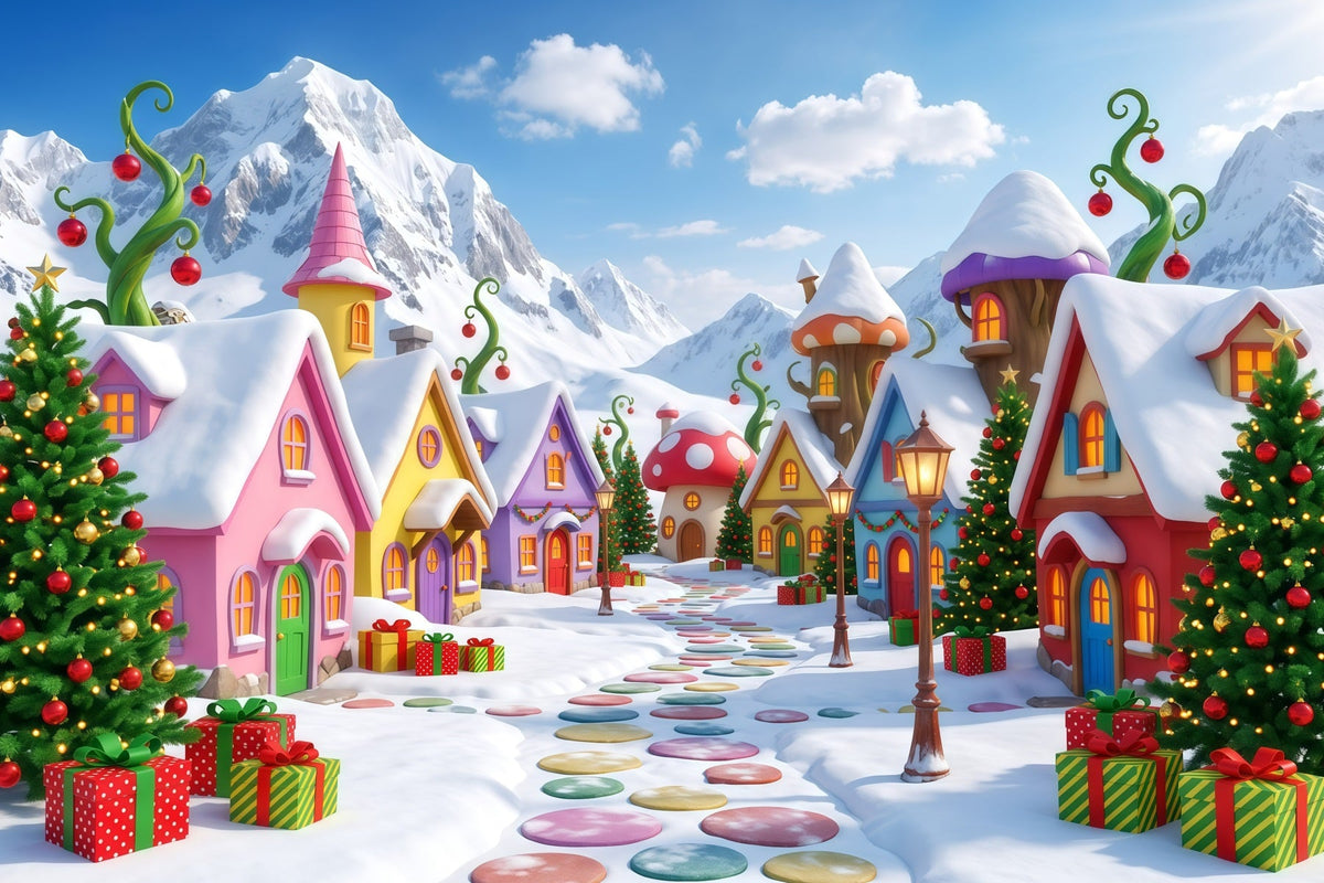 Mountain Backdrop For Christmas Village Snowy Candy House Xmas Backdrops Photography UK RR610-37