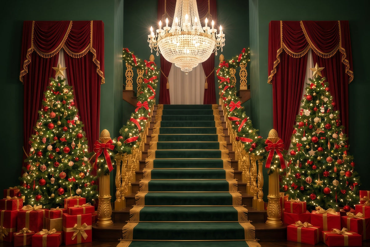 Christmas Staircase Backdrop Grand Chandelier Hall Backdrops For Santa Pictures UK RR610-40