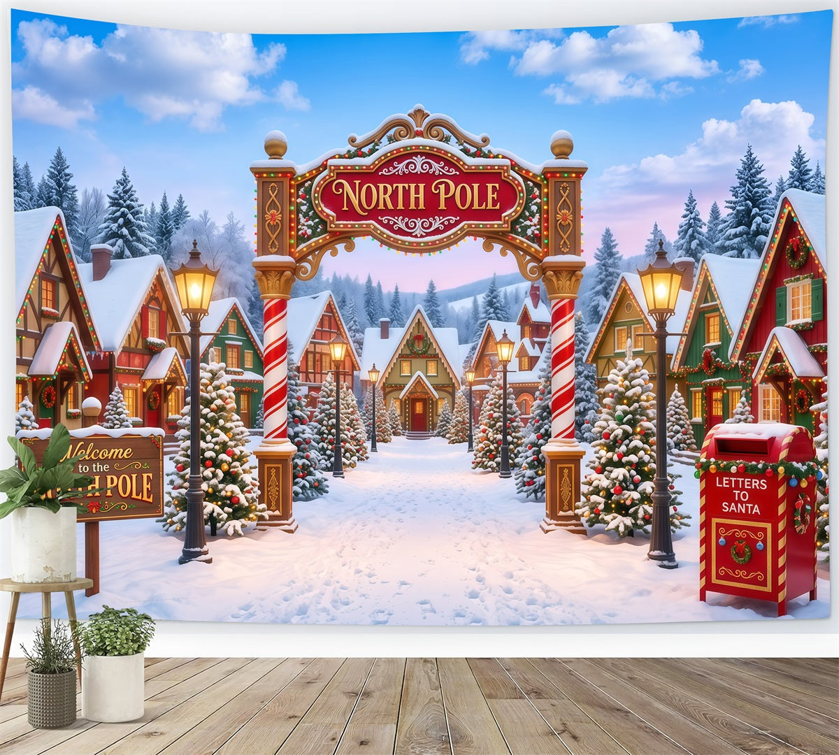 Large Christmas Photo Backdrop Whimsical Snowy Village North Pole Backdrops UK RR610-42