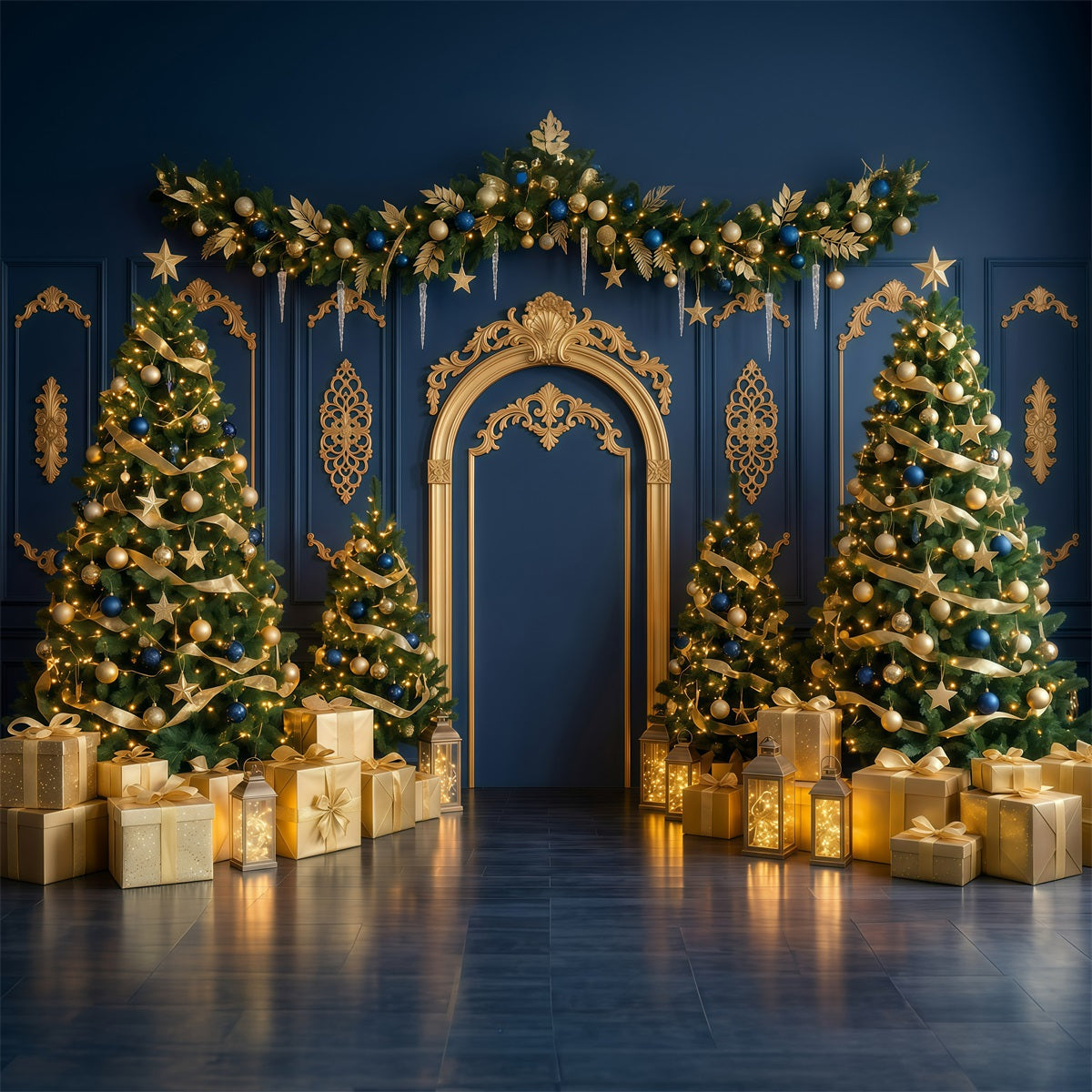 High Quality Christmas Backdrop Navy Gold Arch Display Christmas Holiday Backdrops UK RR610-43