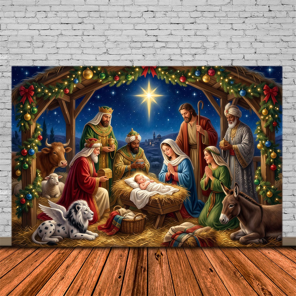 Christmas Backdrop Church Starry Nativity Manger Gathering Nativity Scene Backdrops UK RR610-45