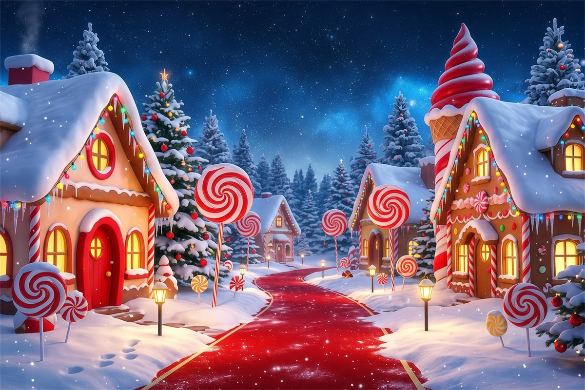 Country Christmas Backdrop Candy Village Snowy Path Christmas Photos Backdrop UK RR610-47