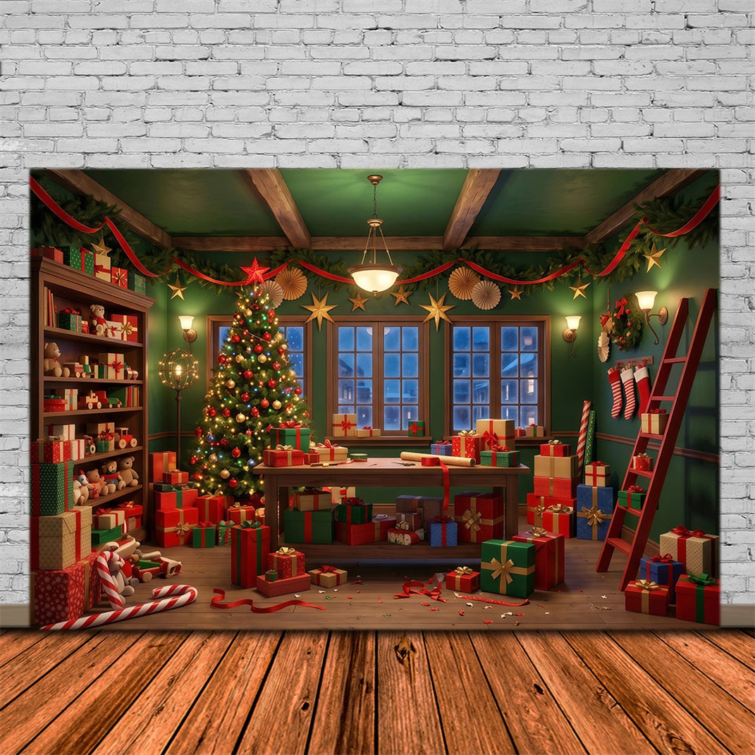Santa Backdrop Festive Green Gift Workshop Christmas Backdrop UK RR610-52