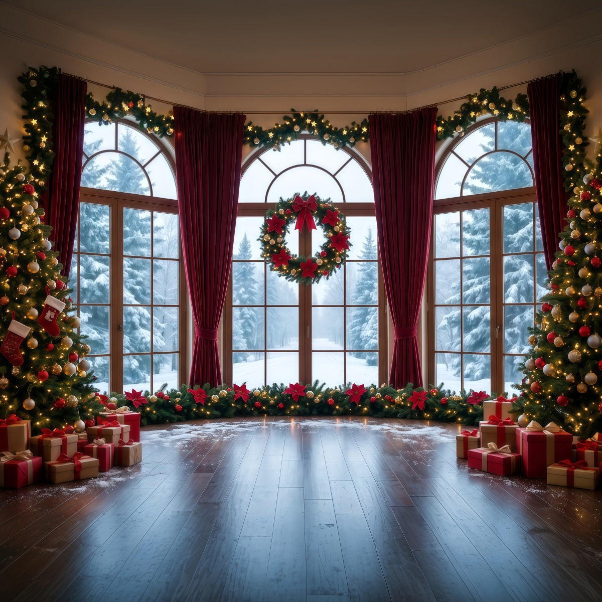 Christmas Backdrops Snowy Window Wreath Display Christmas Backdrop for Photos UK RR610-55
