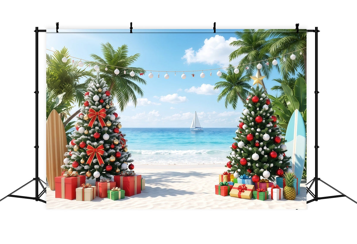 Tropical Christmas Backdrop Beach Sea Palm Trees Christmas Backdrops for Photos UK RR610-57