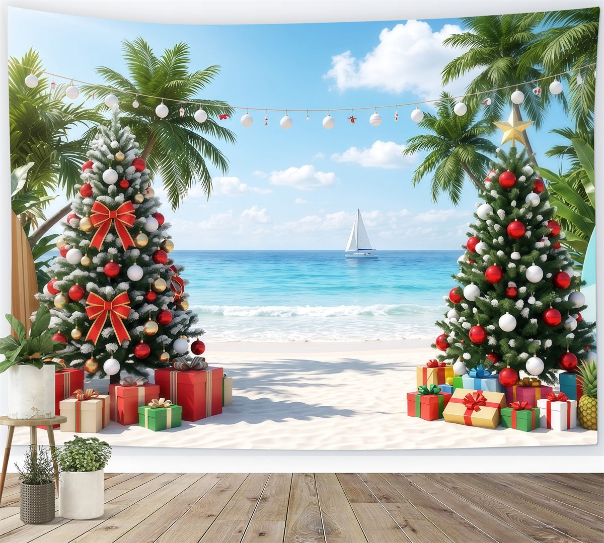 Tropical Christmas Backdrop Beach Sea Palm Trees Christmas Backdrops for Photos UK RR610-57