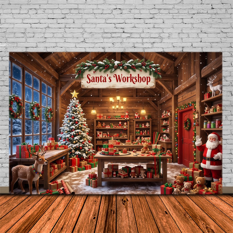 Santa Workshop Backdrop Rustic Cabin Interior Christmas Backdrops for Photography UK RR610-59