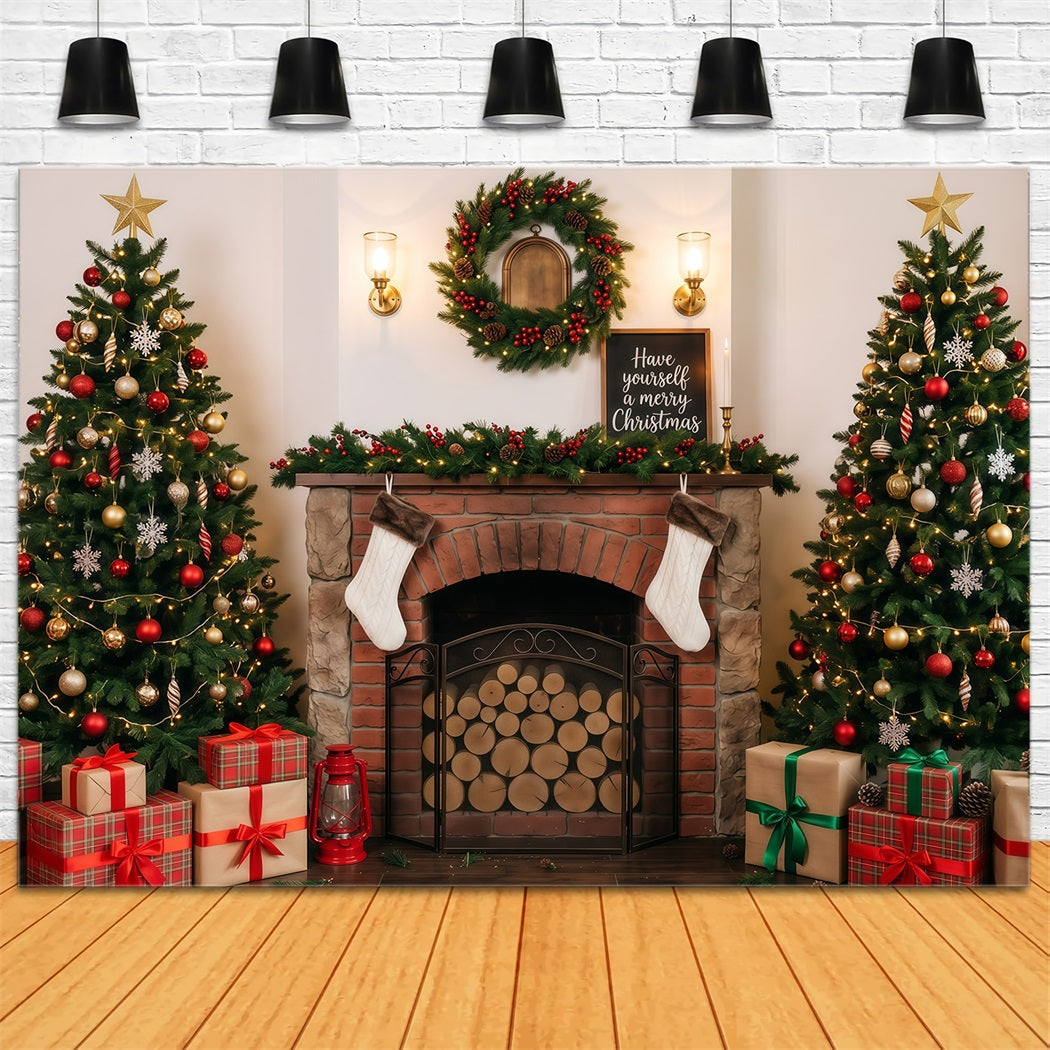 Christmas Backdrop For Photography Cozy Fireplace Tree Display Backdrops For Christmas UK RR610-6