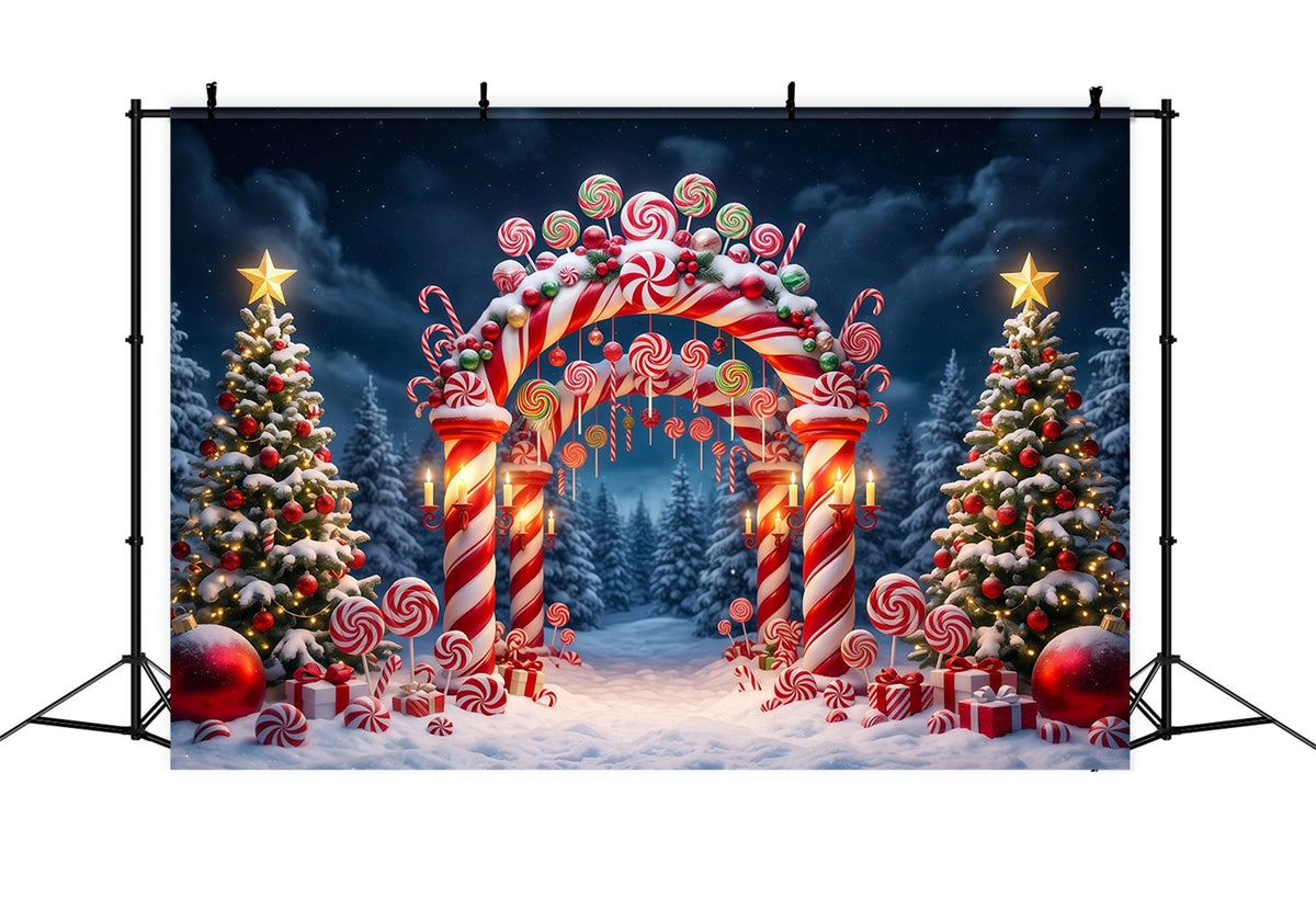 Christmas Candy Cane Backdrop Snowy Forest Candy Archway Christmas Party Backdrop UK RR610-68
