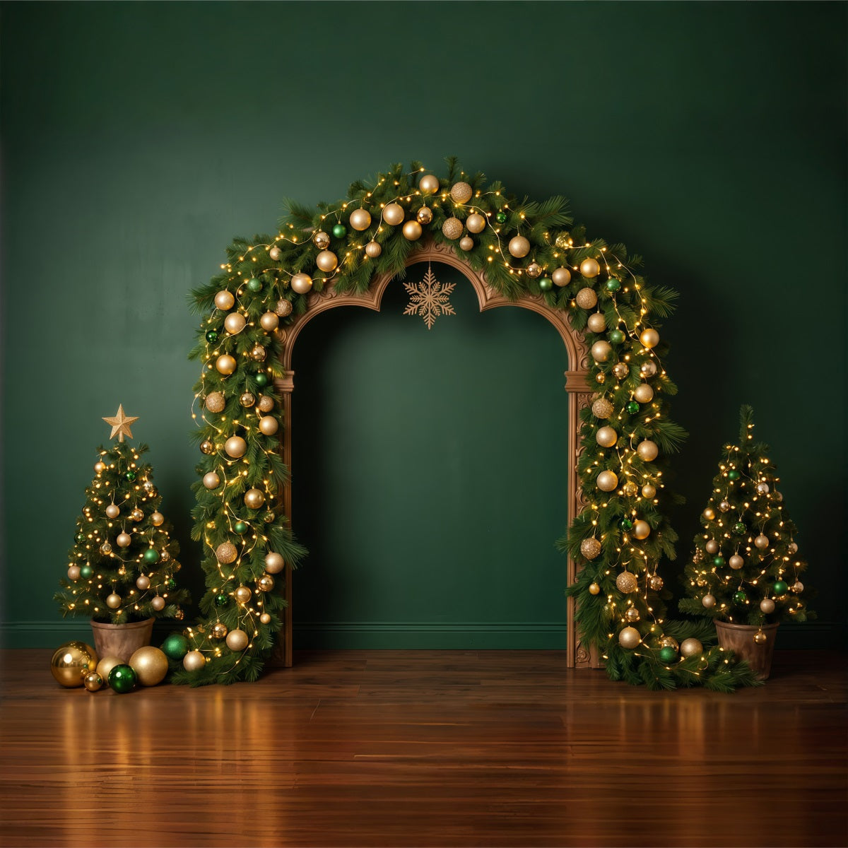 10x10 Christmas Backdrop Golden Evergreen Ornament Arch Christmas Wall Backdrop UK RR610-7