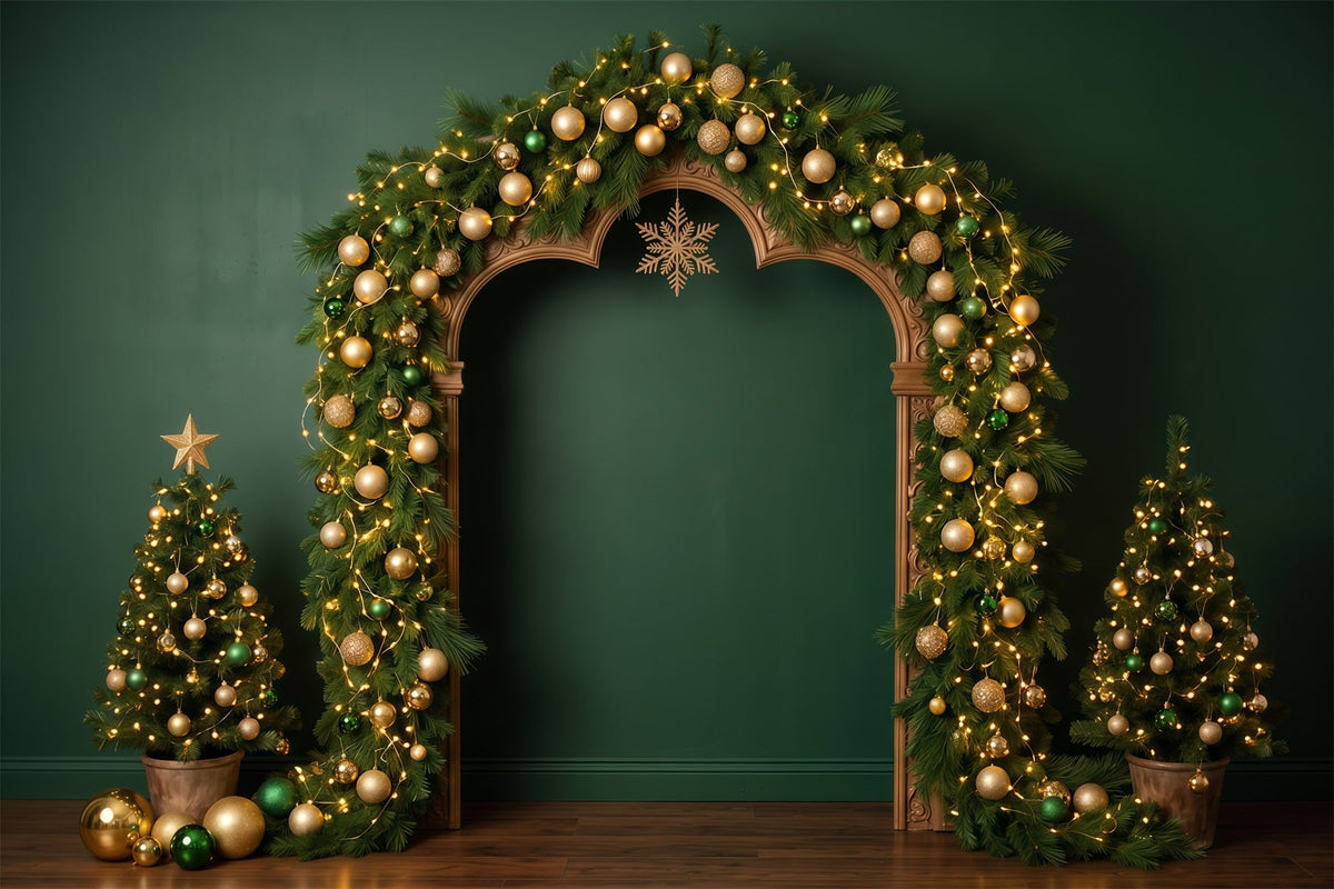 10x10 Christmas Backdrop Golden Evergreen Ornament Arch Christmas Wall Backdrop UK RR610-7