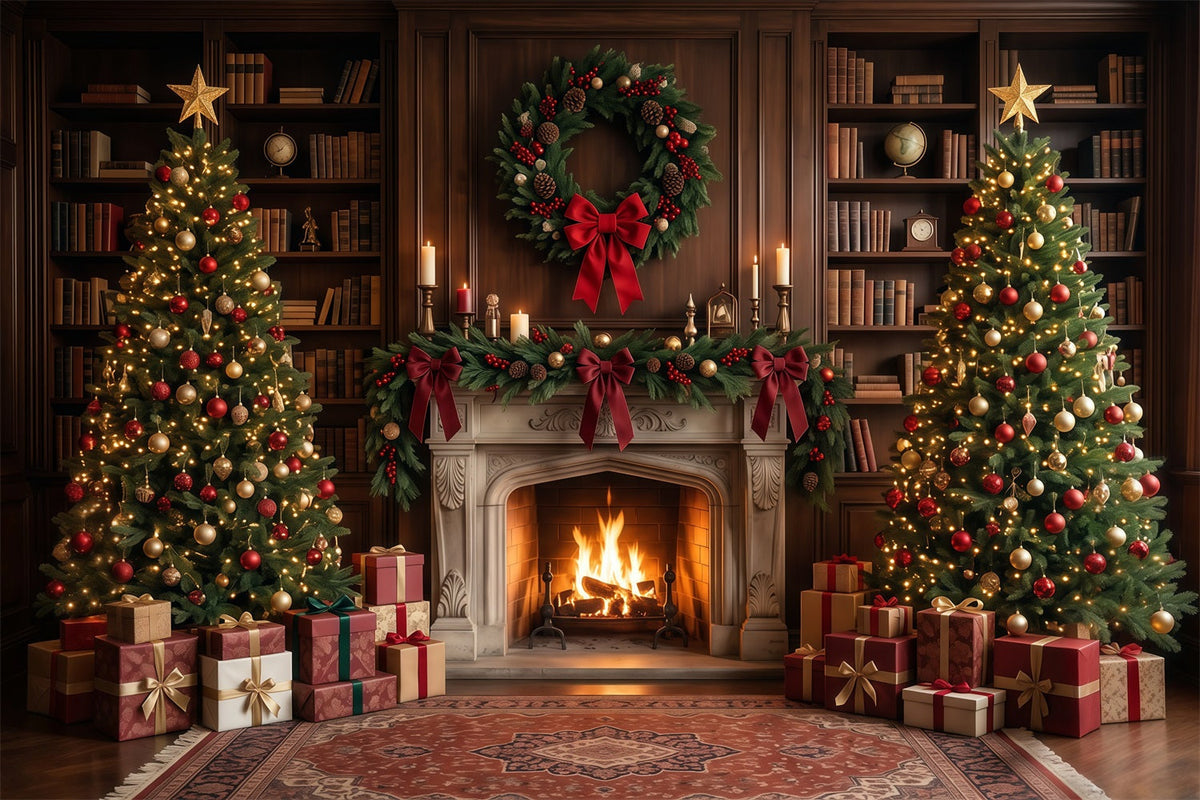 Christmas Backdrops for Photography Elegant Library Display Christmas Fireplace Backdrop UK RR610-71