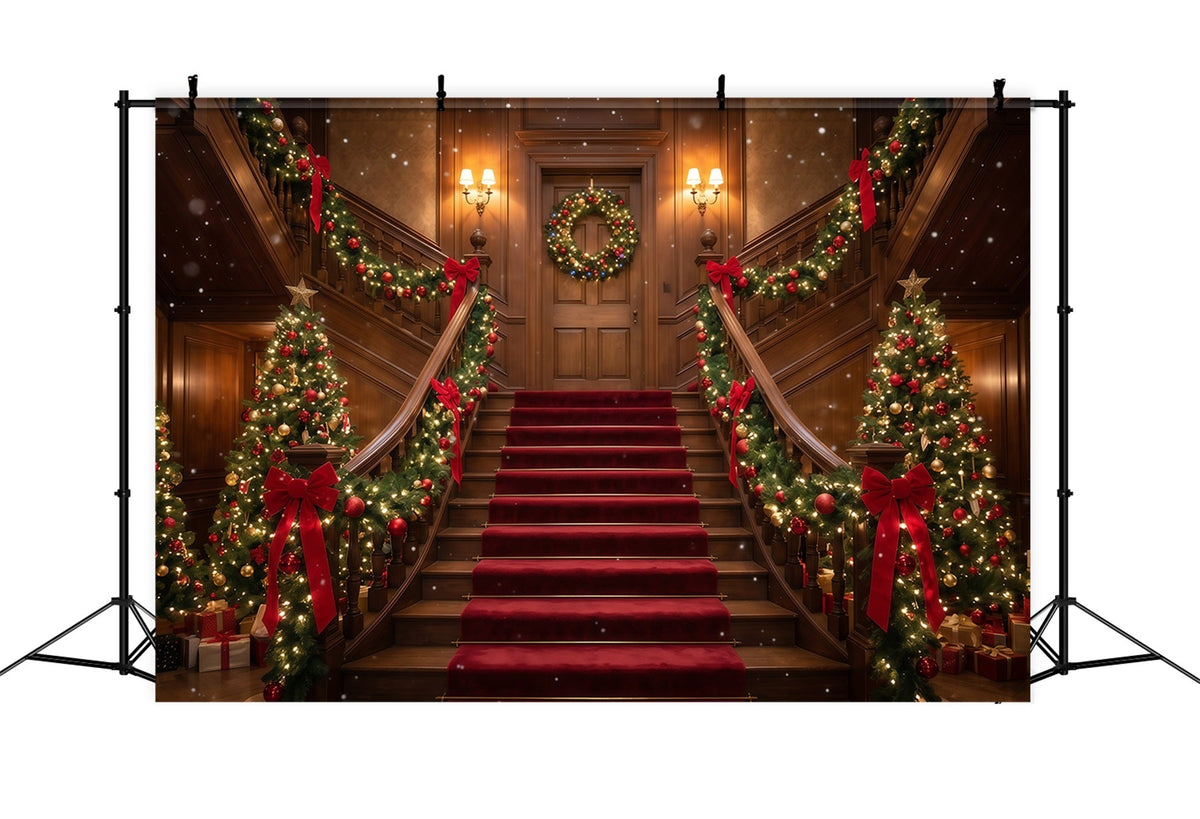 Christmas Scene Backdrop Burgundy Staircase Garland Display Christmas Staircase Backdrop UK RR610-75