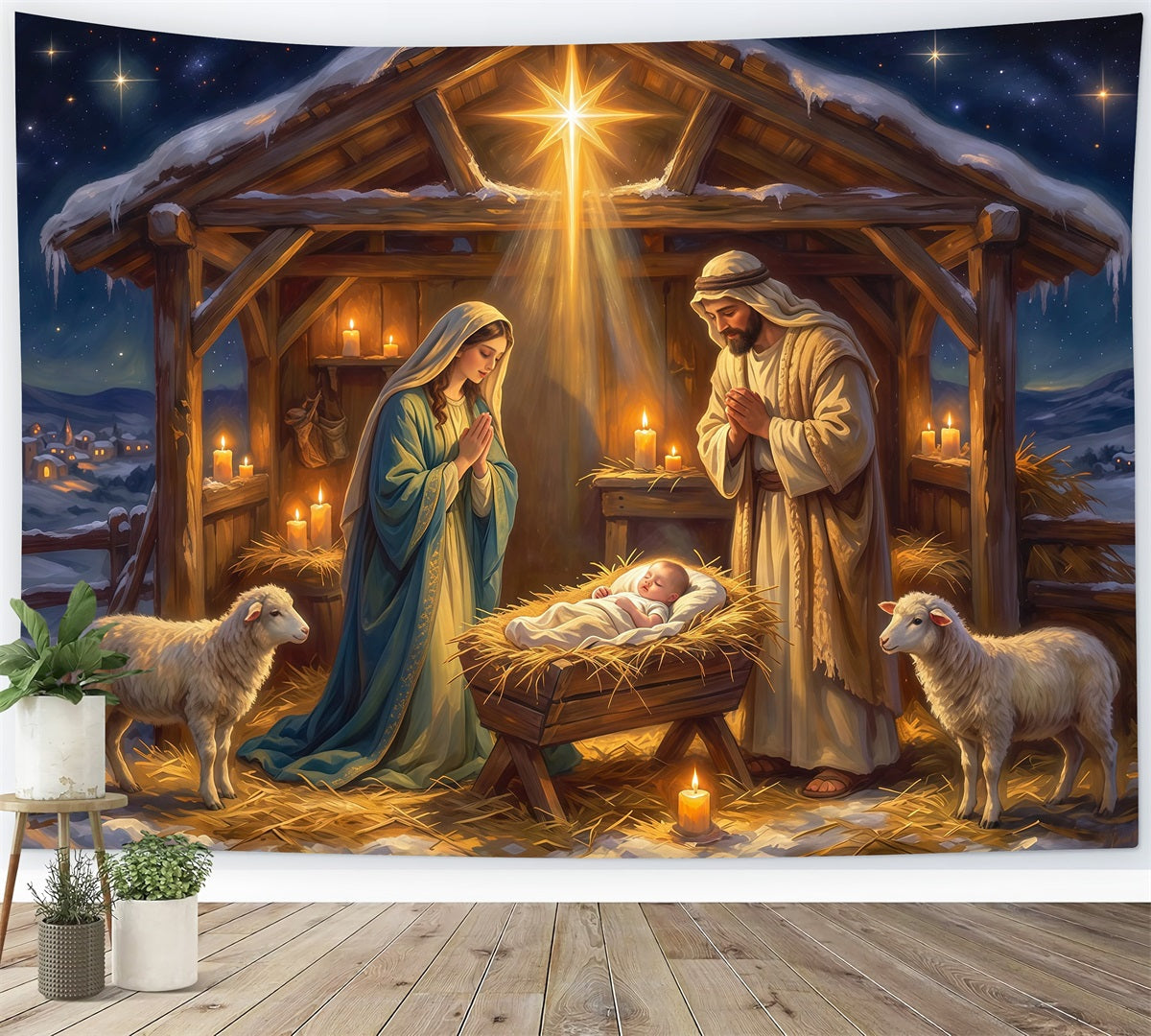 Nativity Scene Backdrop Starry Sky Manger Shelter Christmas Photo Backdrops UK RR610-84