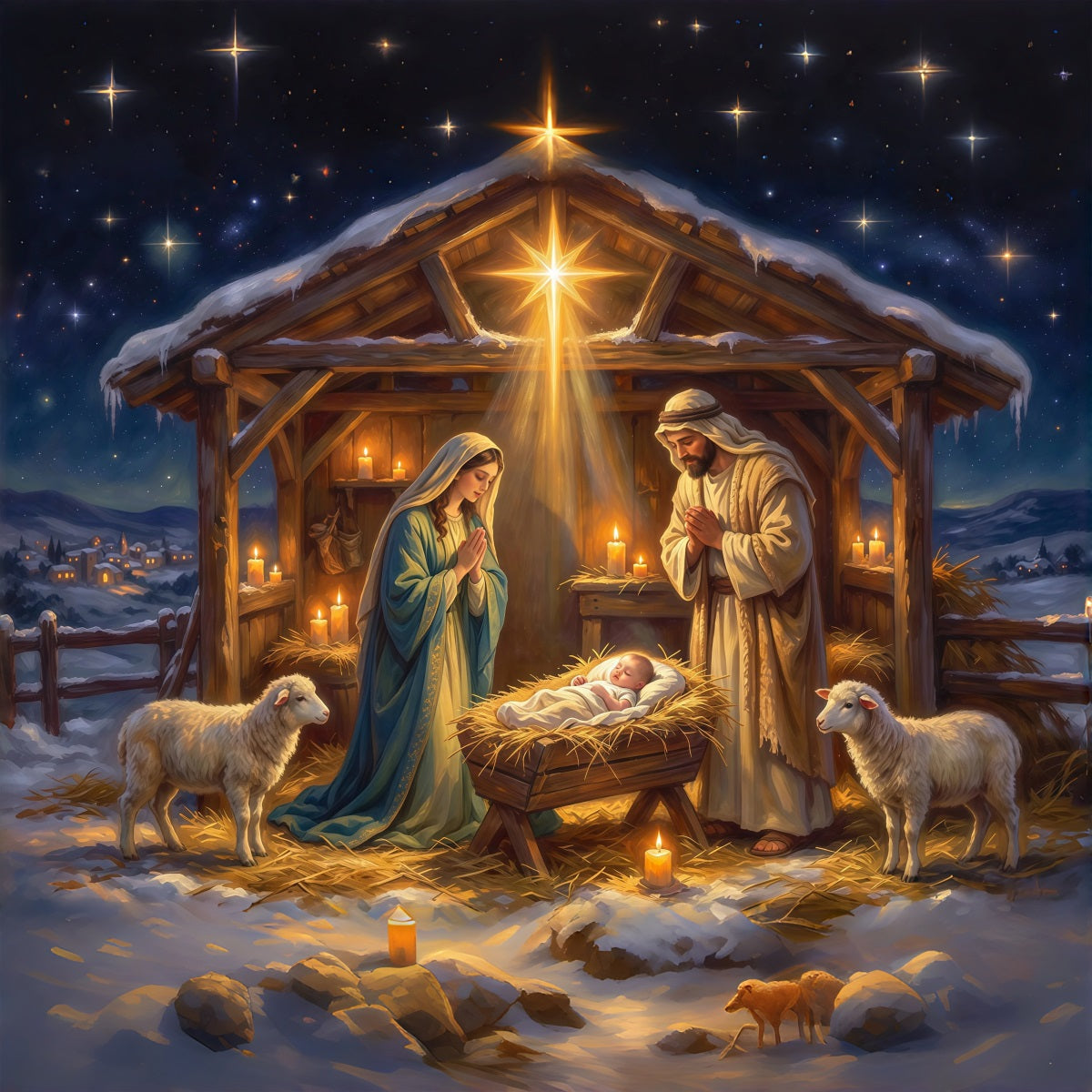 Nativity Scene Backdrop Starry Sky Manger Shelter Christmas Photo Backdrops UK RR610-84