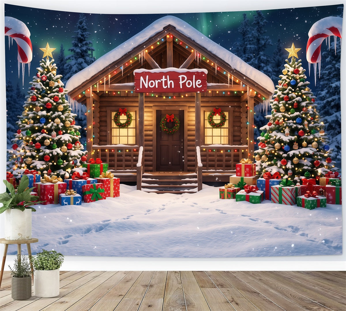 North Pole Photo Backdrop Candy Cane Cabin Entrance Professional Christmas Backdrop UK RR610-86