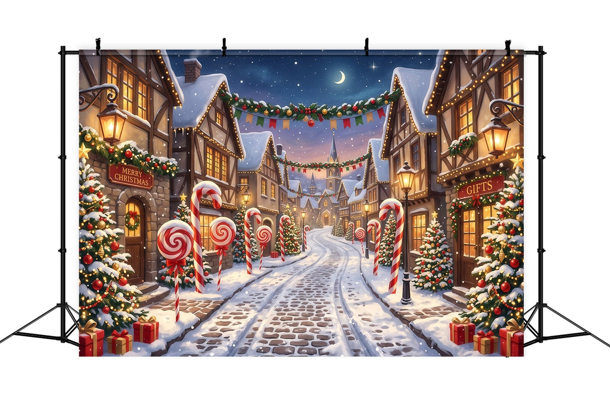 Christmas Village Backdrops Candy Cane Snow Street Photography Christmas Backdrops UK RR610-94