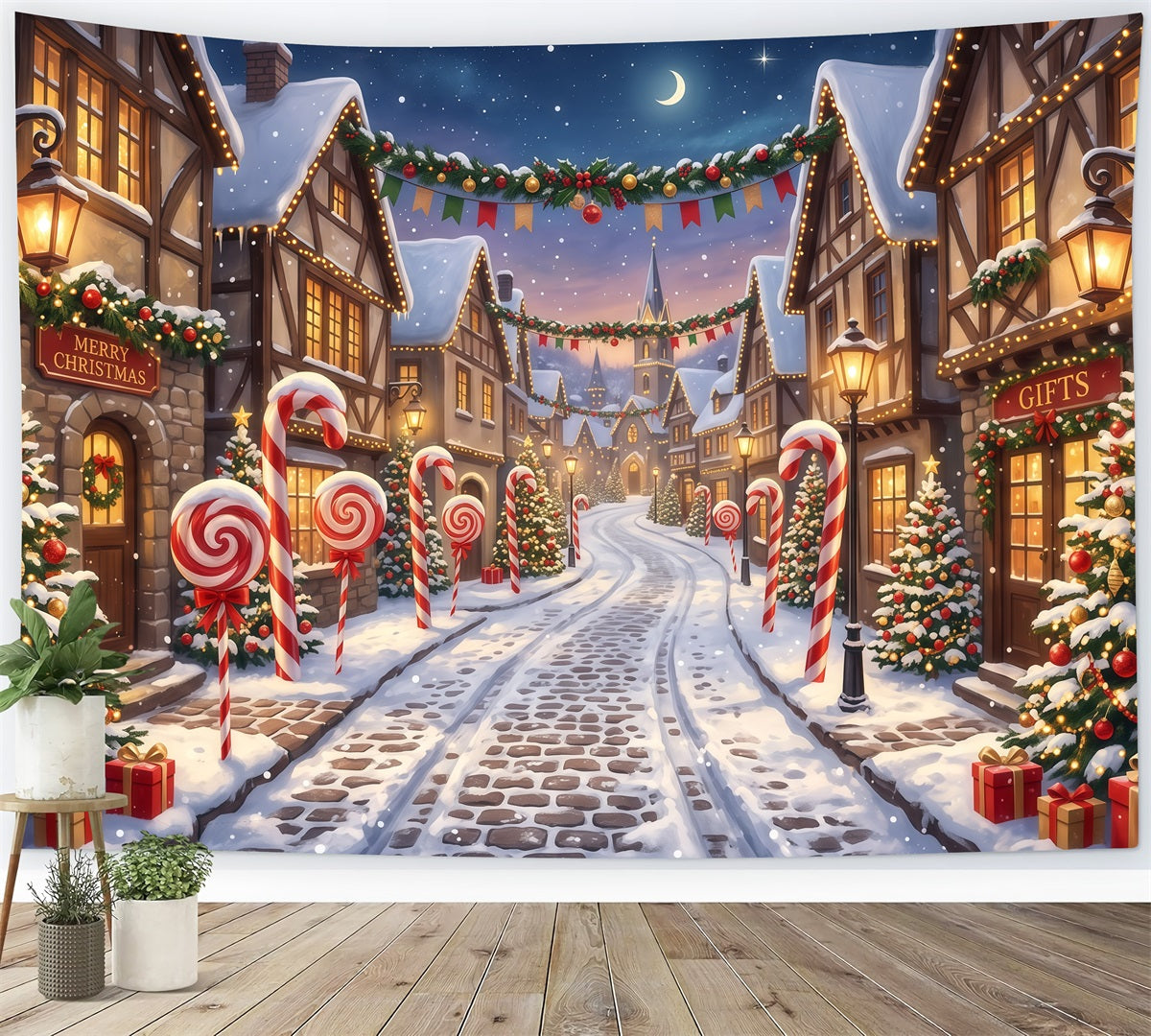 Christmas Village Backdrops Candy Cane Snow Street Photography Christmas Backdrops UK RR610-94